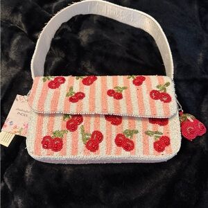 Beaded Cherry Stripe Shoulder Bag - Pink & Red